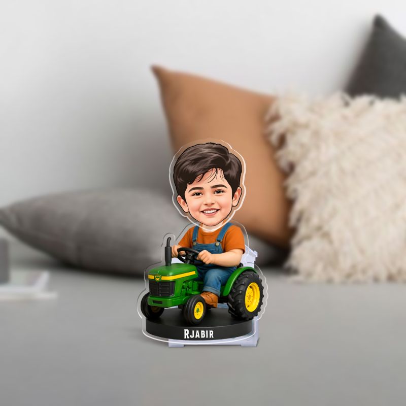 Personalized Little Boy on Tractor Bobblehead Caricature Standee Custom Photo Acrylic Cutout with Name, Unique Gift for Kids, Son, or Grandson Battery Powered Moving Head Feature